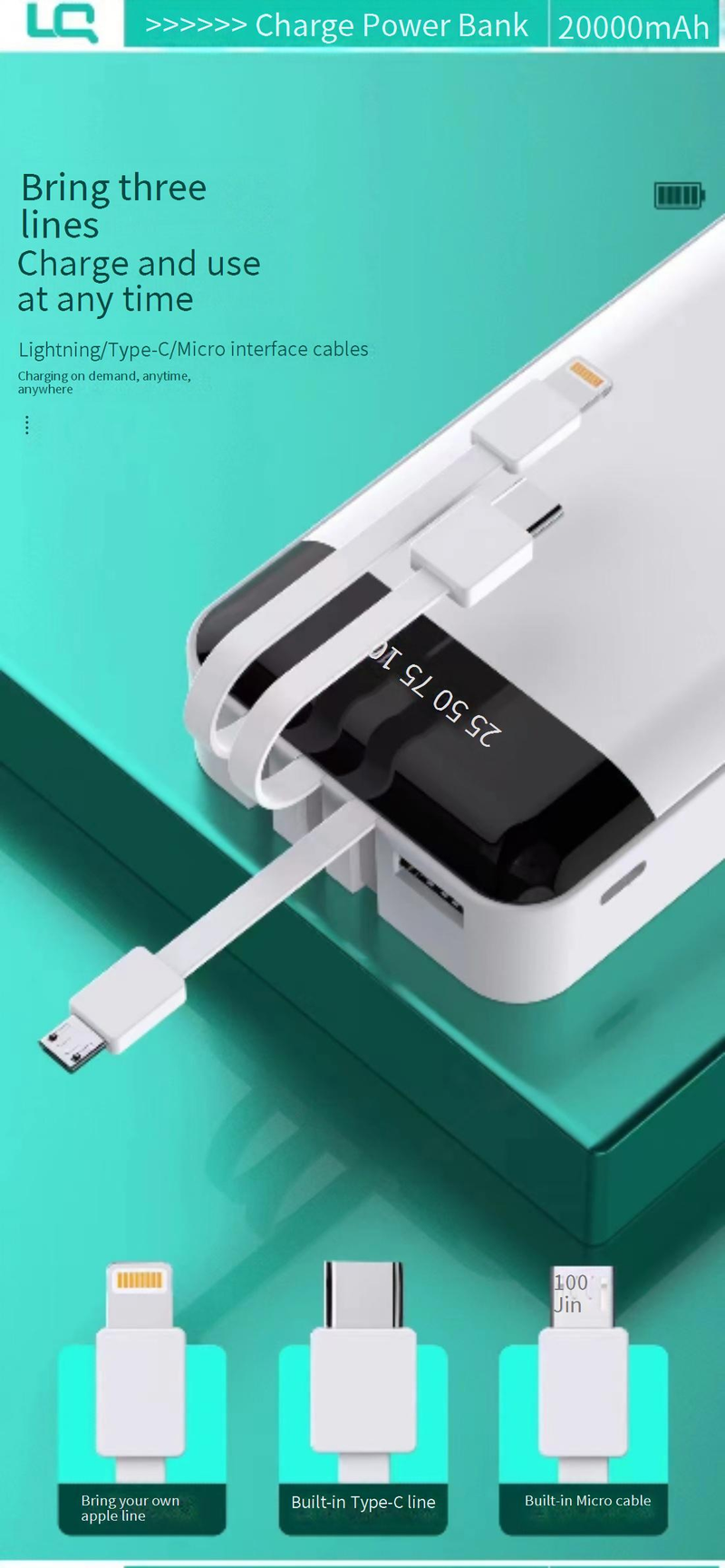 20000 mAh Powerbank mit 3 integrierten Kabeln und Ständer, Hochgeschwindigkeits-Laden mit 12 W, tragbarer Polymer-Akku für iPhone- und Android-Geräte_voghion.com