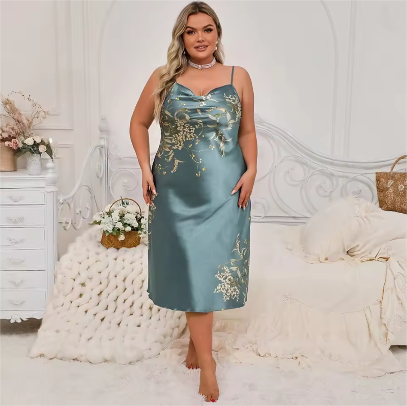 Camisón sin mangas con estampado floral de talla grande, elegante y cómodo, ropa de estar por casa para mujer, bata de dormir sexy_voghion.com