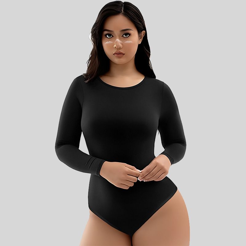 Women's Long Sleeve Yoga Bodysuit Slimming High-Waisted Tummy Control Workout Outfit With Triangle Shorts_voghion.com