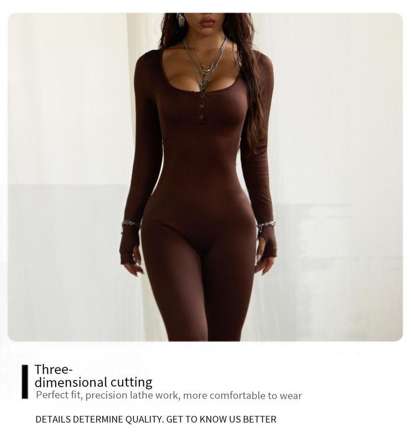 Tuta da yoga da donna con scollo quadrato, maniche lunghe e bottoni – Tuta sportiva a vita alta per palestra e pilates_voghion.com