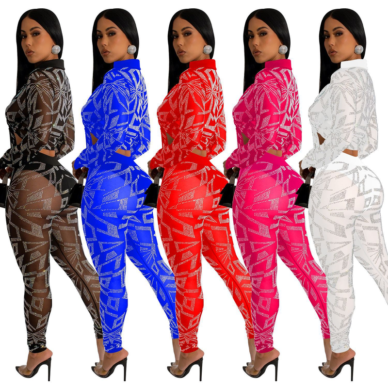 Damenbekleidung, modisches Damen-Zweiteiler-Set aus einfarbigem Mesh mit heißen Diamanten und langen Ärmeln_voghion.com