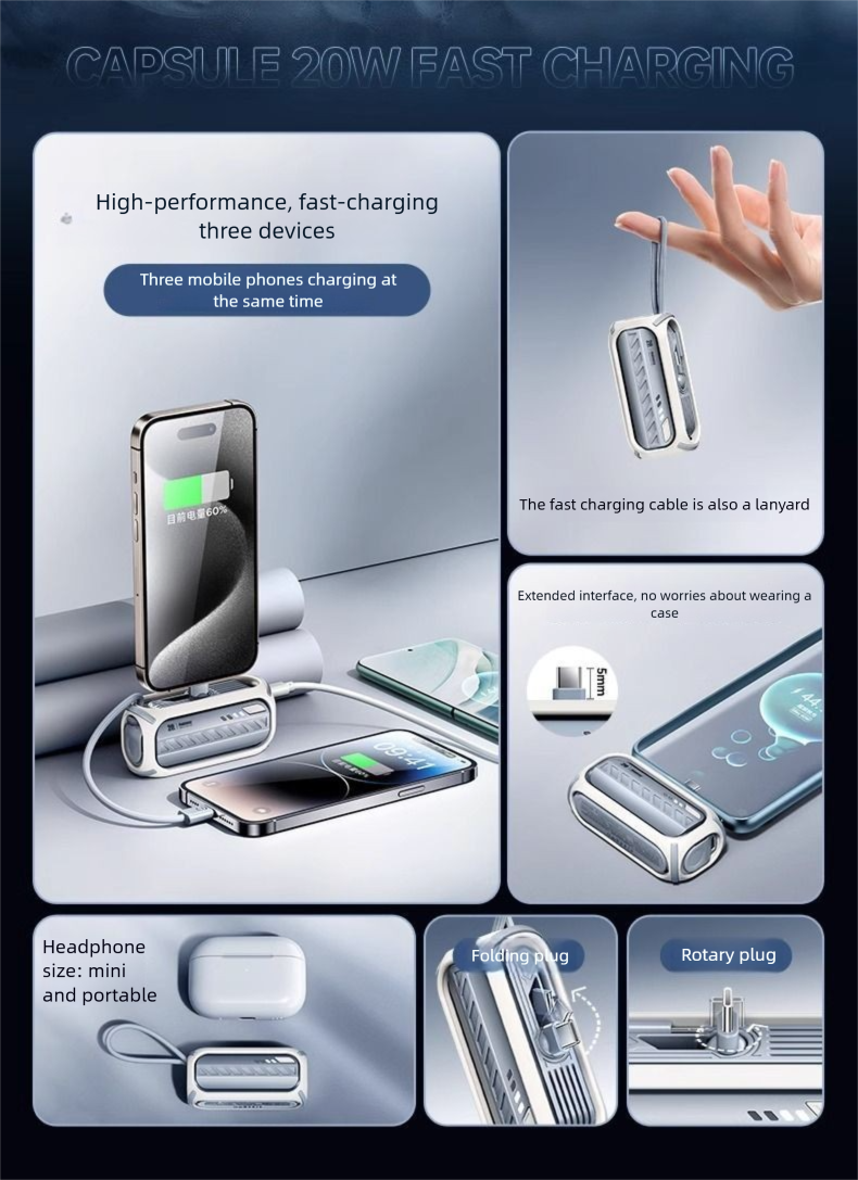 Remax Capsule Power Bank Ultrafino Compacto Mini Carregamento Rápido Cabo Integrado Tamanho de Bolso Compatível com iPhone 15_voghion.com