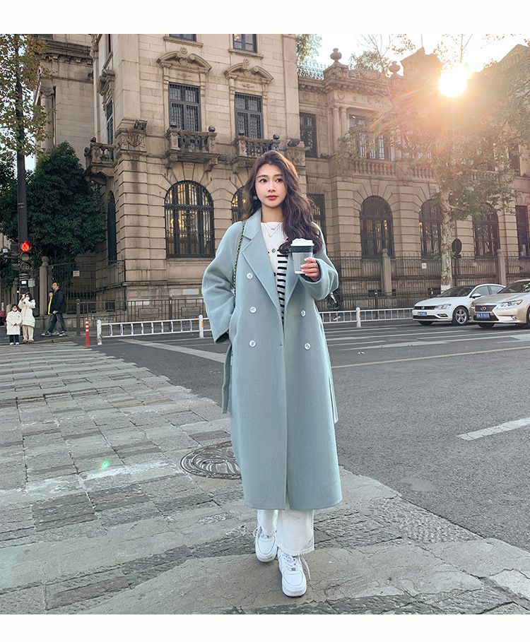 Elegant Belted Wool Trench Coat For Women – Korean-Style Oversized Long Coat With Double Breasted Buttons In Blue, Pink, Beige, Black & Camel_voghion.com