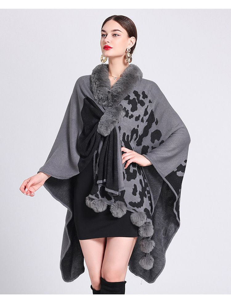 Mantella con collo di pelliccia, mantello con palla di pelliccia, mantello jacquard in maglia larga, cappotto di grandi dimensioni_voghion.com