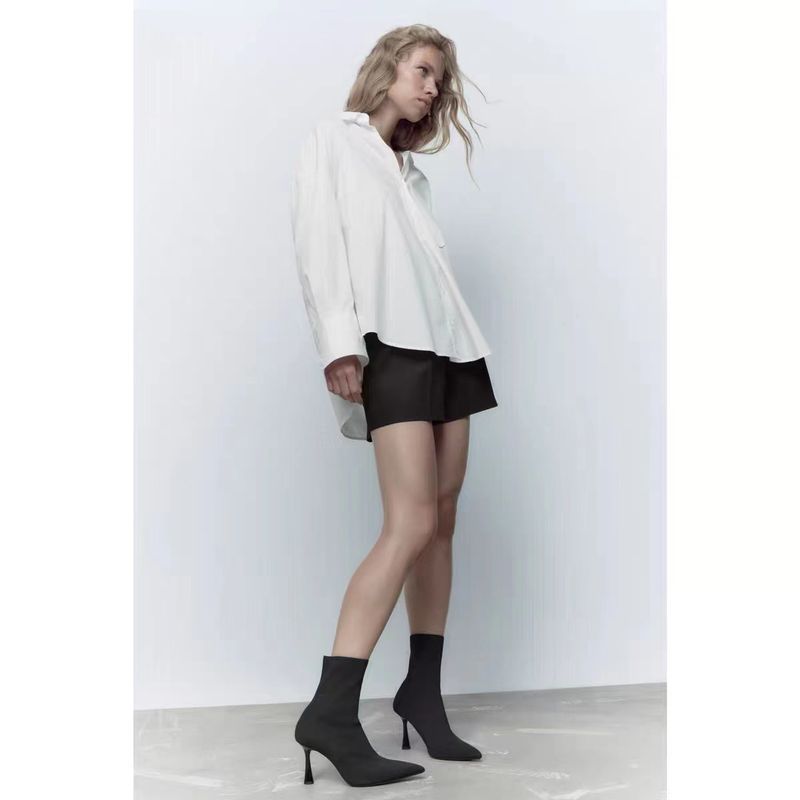 ZA Automne Nouvelles Chaussures Femme Tissu Noir Haute Élasticité Bout Pointu Stiletto Court Chaussette Bottes Mode_voghion.com