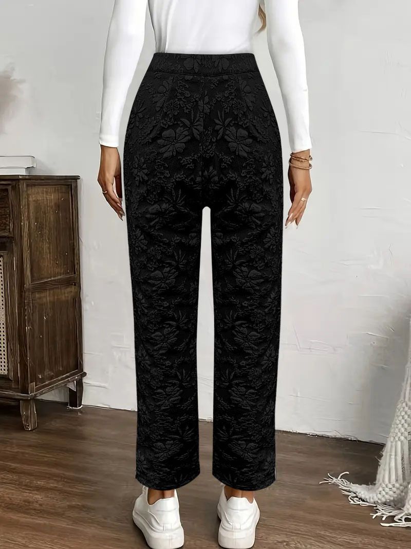 Pantaloni casual da donna a vita alta con tasche, modello dritto in jacquard floreale, per l'estate_voghion.com