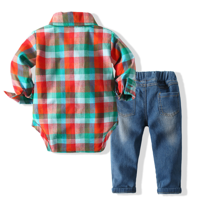 barns vår- och höstkostym baby boy långärmad rutig skjortväska jeansbyxor 2-delat set_voghion.com