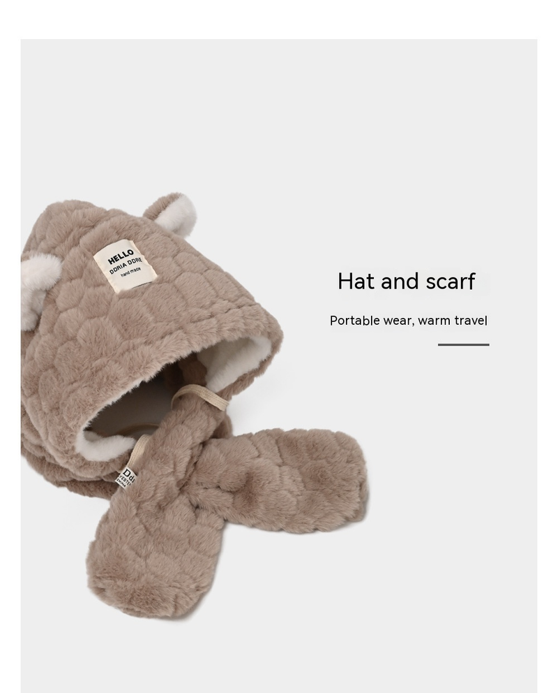 Plush hat, all-in-one women's scarf, cute teddy bear, autumn winter cycling, thickened ear protection, and warmth_voghion.com