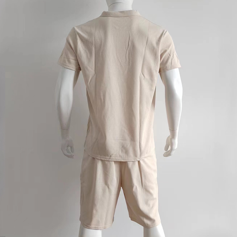 Conjunto de shorts de manga curta masculinos europeus e americanos verão waffle cor sólida casual solto zíper lapela conjunto de duas peças_voghion.com