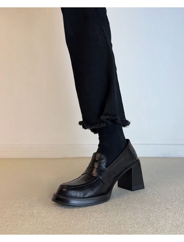 Ziegenleder-Version ~ Authentische Loafer Damen Retro Schwarz Slip-on Flats Elegant High Heel Arbeitskleidung Vielseitig Klein_voghion.com