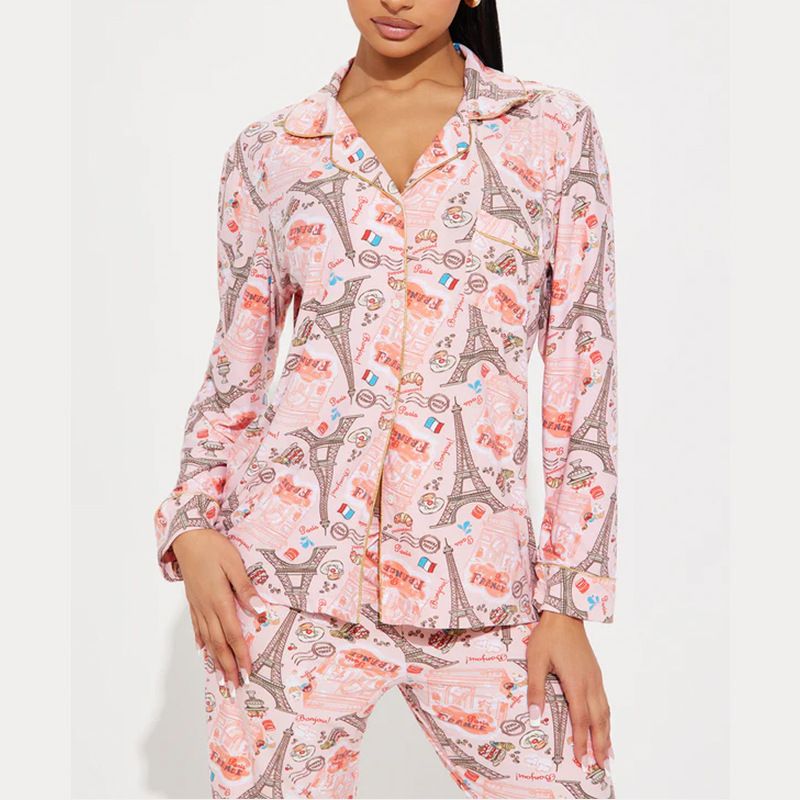 Completo pantalone kawaii in modal da donna – Set camicetta e pantaloni a maniche lunghe con bottoni (S-XXL, stampa anime, traspirante, rosa/lavanda/carne)_voghion.com