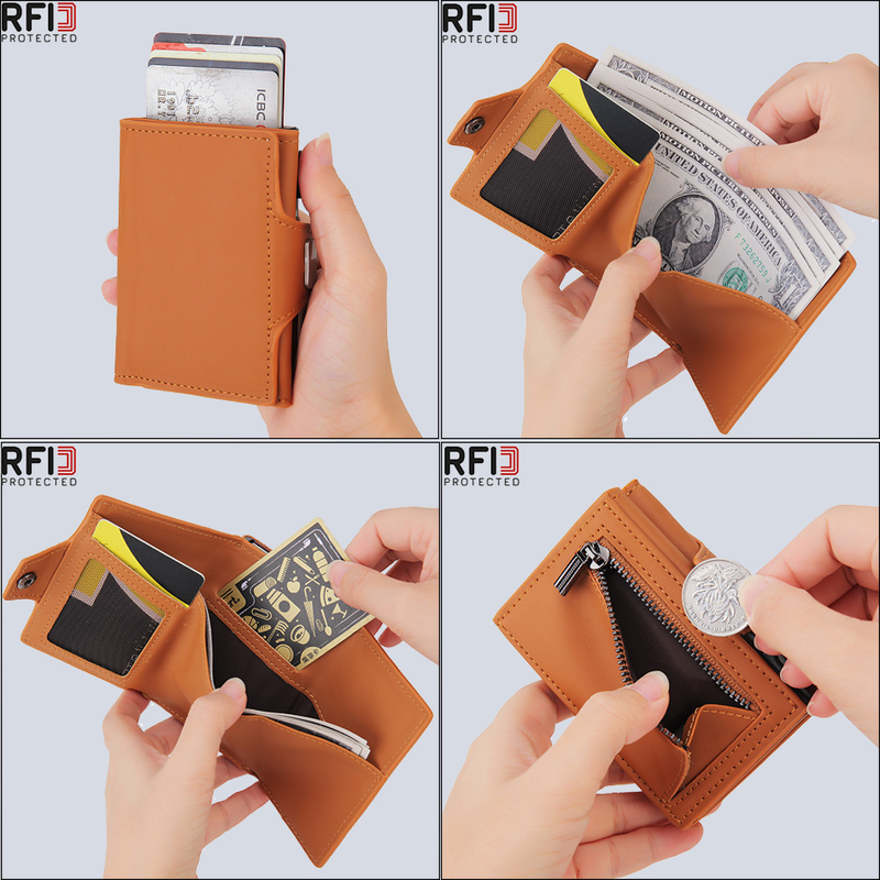 Dienqi carteira masculina de fibra de carbono, carteira pequena com três dobras em couro preto e mágico, bolsa pequena para dinheiro_voghion.com