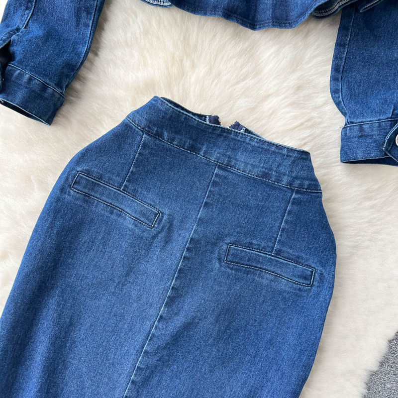 Women's Lace Doll Collar Denim Jacket + Medium-length Hip Skirt Two-piece Suit_voghion.com