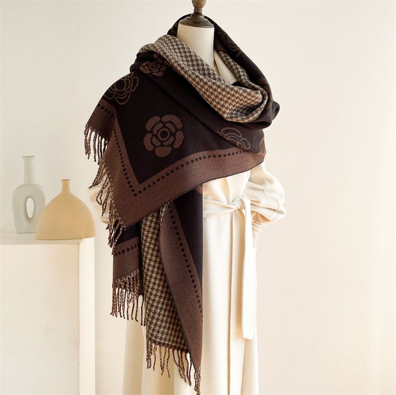 Herbst und Winter neue Tasche Damen Kerngarn Kamelie Tausend Vogelgitter doppelseitig warm Schal vielseitig dekorative Kaschmirschal_voghion.com