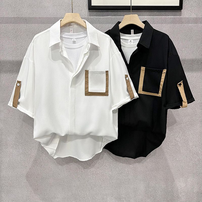 Abbigliamento maschile Marchio di moda Camicia a maniche corte in seta ghiacciata da uomo Estate Stile coreano sottile alla moda Casual ampio Bello Top a cinque punte a maniche medie_voghion.com