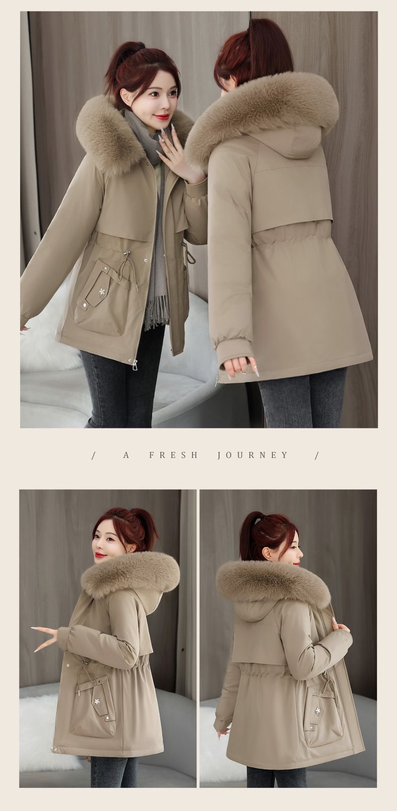Damenbekleidung, Fleecegefütterter Parkamantel, warme Winterjacke mit Kapuze und Kaninchenfellbesatz, mittellange Pufferjacke, schmale Passform, Reißverschluss_voghion.com