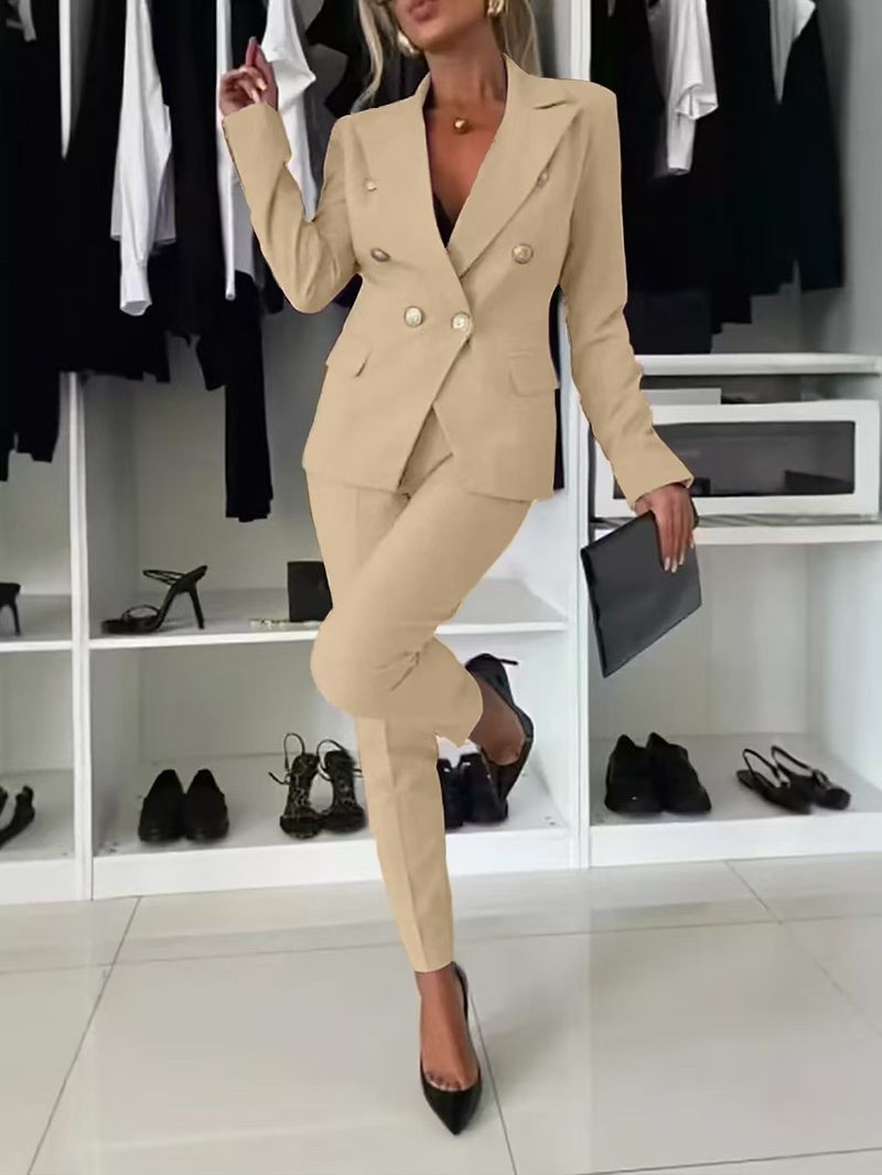 Conjunto de 2 piezas para mujer, moda de invierno y otoño, blazer de manga larga con cuello en V, abrigo, pantalón recto elegante, conjunto de ropa deportiva para mujer_voghion.com