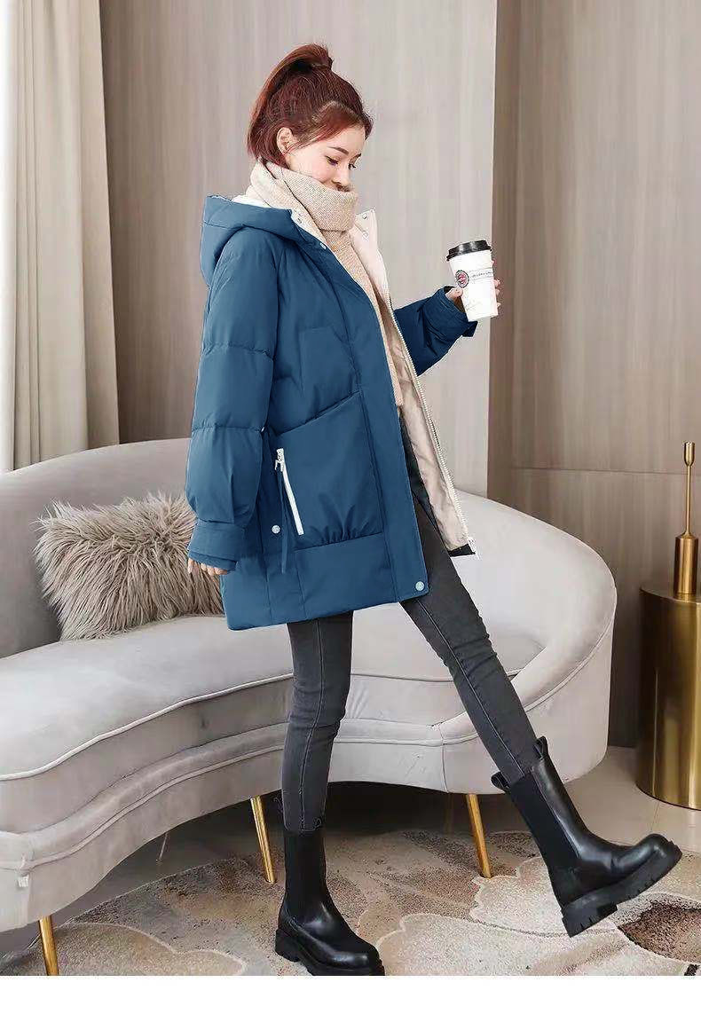 Mit Baumwolle gepolsterte mittellange koreanische Version der Parker-Studentenbrot-Daunenjacke für Damen, locker und trendig hoch_voghion.com