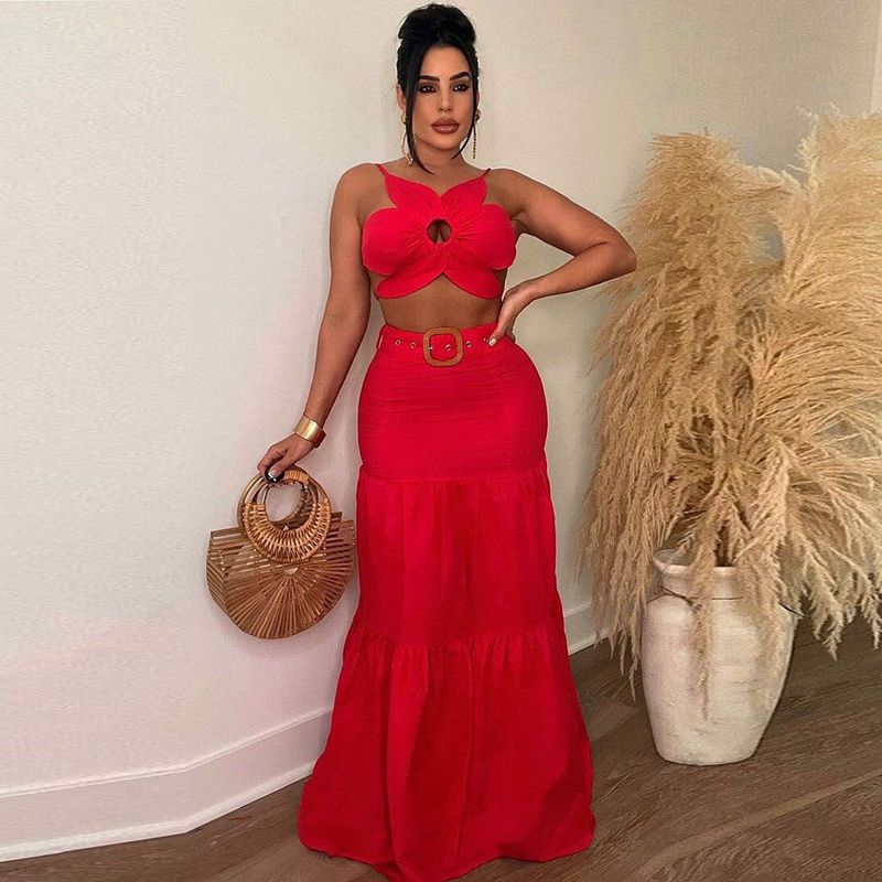 Women's sexy solid color special-shaped sling straps large skirt belt suit_voghion.com