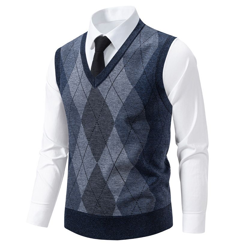 Herrenbekleidung, V-Ausschnitt, Jacquard, Slim Fit, V-Ausschnitt, Jacquard-Strickpullover für Herren – leichtes, ärmelloses Pullover-Oberteil (Grau, Marineblau, Weinrot)_voghion.com