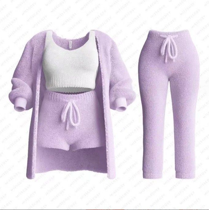 Damenbekleidung Lounge-Set aus Baumwolle und Polyester – Langarm-Strickoberteil + Weste + Shorts + Hose (4-teilige und 3-teilige Sets)_voghion.com