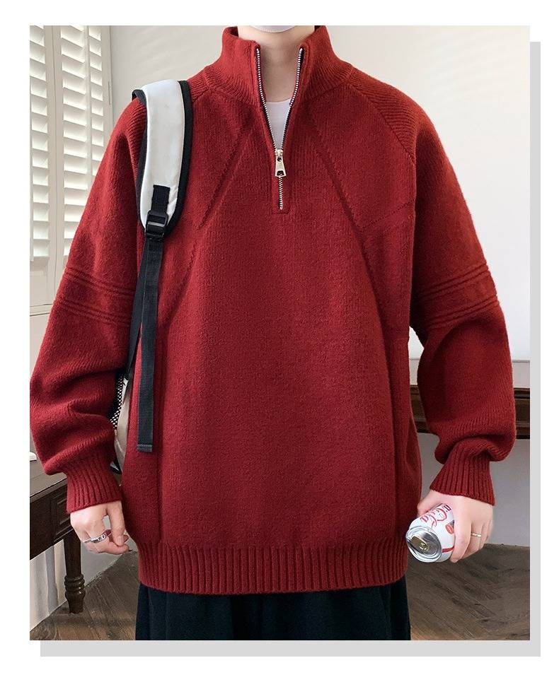 Men's Half-Turtleneck Zip-Up Sweater, Winter Knit Pullover With Stylish Design, Soft Comfortable Loose Fit Casual Wear Pure Color Stretchable Fabric_voghion.com