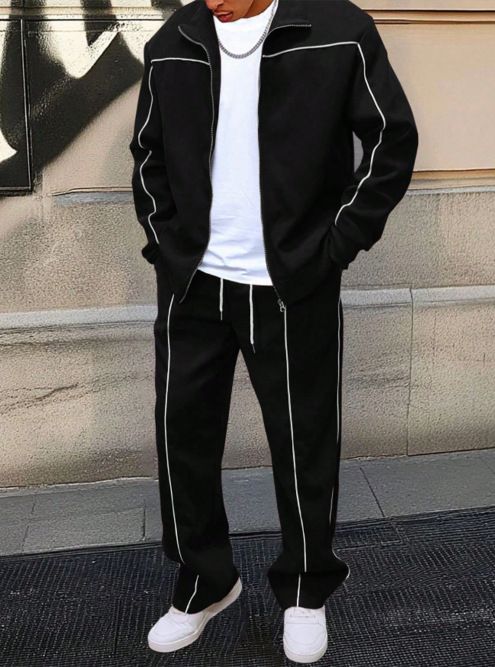 Completo da uomo con giacca sportiva oversize con zip e jogger – Due pezzi streetwear con strisce a contrasto (nero/grigio/blu navy, S-XXL)_voghion.com