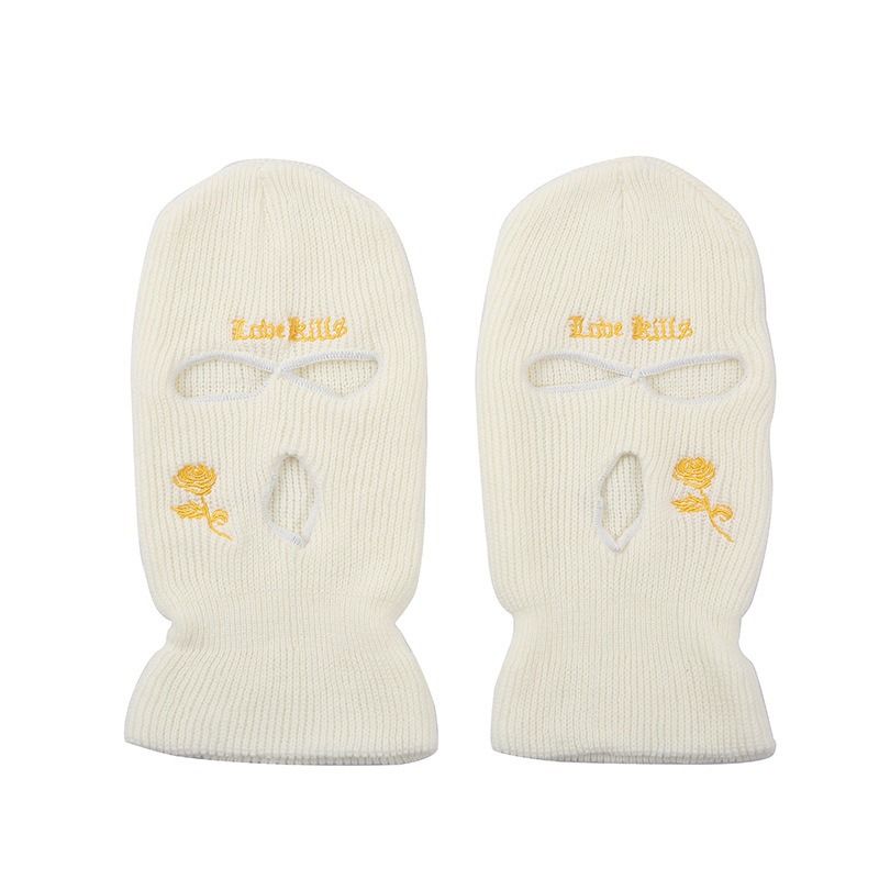 Cappello lavorato a maglia a tre fori per autunno e inverno con ricamo di rose - Cappello caldo per l'inverno e l'autunno per sci, ciclismo e attività all'aperto_voghion.com