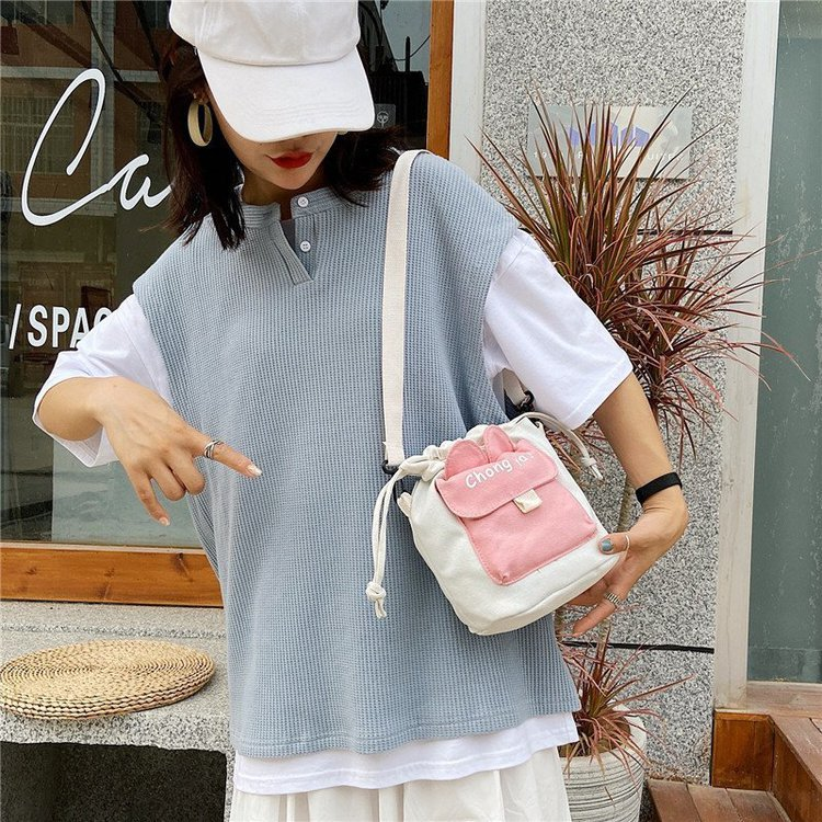 Borsa a tracolla in tela nuova piccola borsa a tracolla a secchiello con coulisse per studenti, fresca e carina per donna_voghion.com