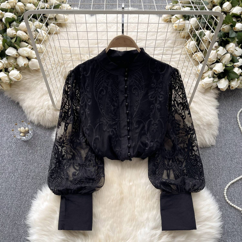Abbigliamento da donna in stile retrò, camicia a maniche a sbuffo di alta qualità per le donne in autunno, design con ricamo in rete, top leggero e di lusso da donna_voghion.com