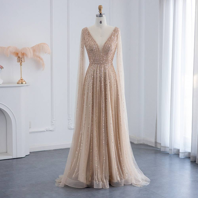 Women's Clothing Luxury Floor-Length Evening Gown With Flowing Sleeves – Slimming V-Neck, Waist-Cinching Design (Champagne/Pink/Blue/Green)_voghion.com