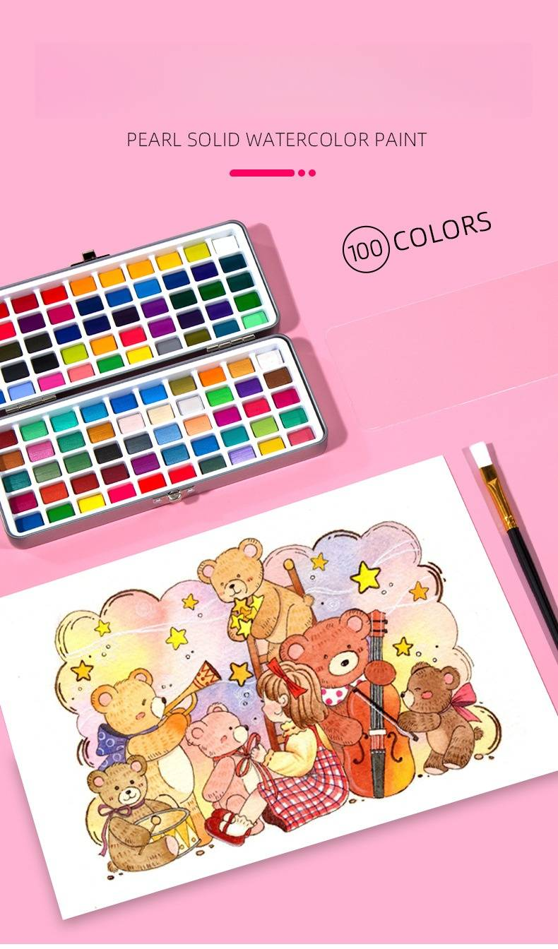 H&B 100 Colors Solid Watercolor Paint Set With Metallic & Fluorescent Colors - Premium Watercolor Painting Kit In Metal Case For Artists & Beginners_voghion.com