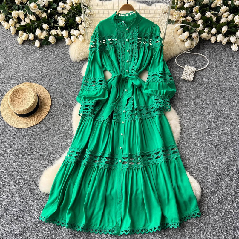 Opulent Baroque Lace Dress – High Neck Bell Sleeve Gown With Corset Waist & Dramatic A-Line Skirt (M/L, French Vintage Inspired, Formal Evening Wear)_voghion.com