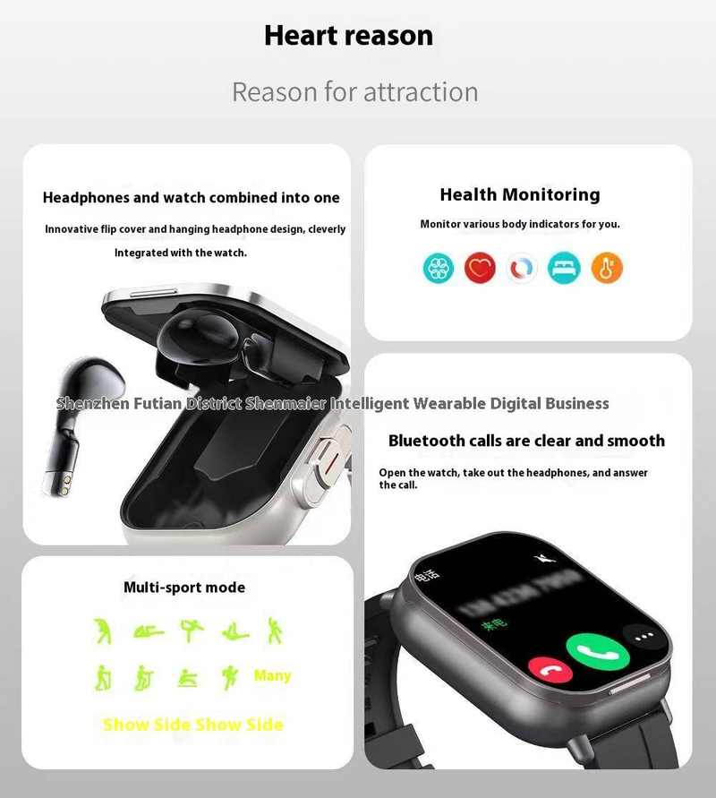 D8 Smart Watch With Bluetooth Calling & Built-in Earbuds, Full Touch Screen Fitness Tracker For Women Men, Heart Rate Monitor_voghion.com