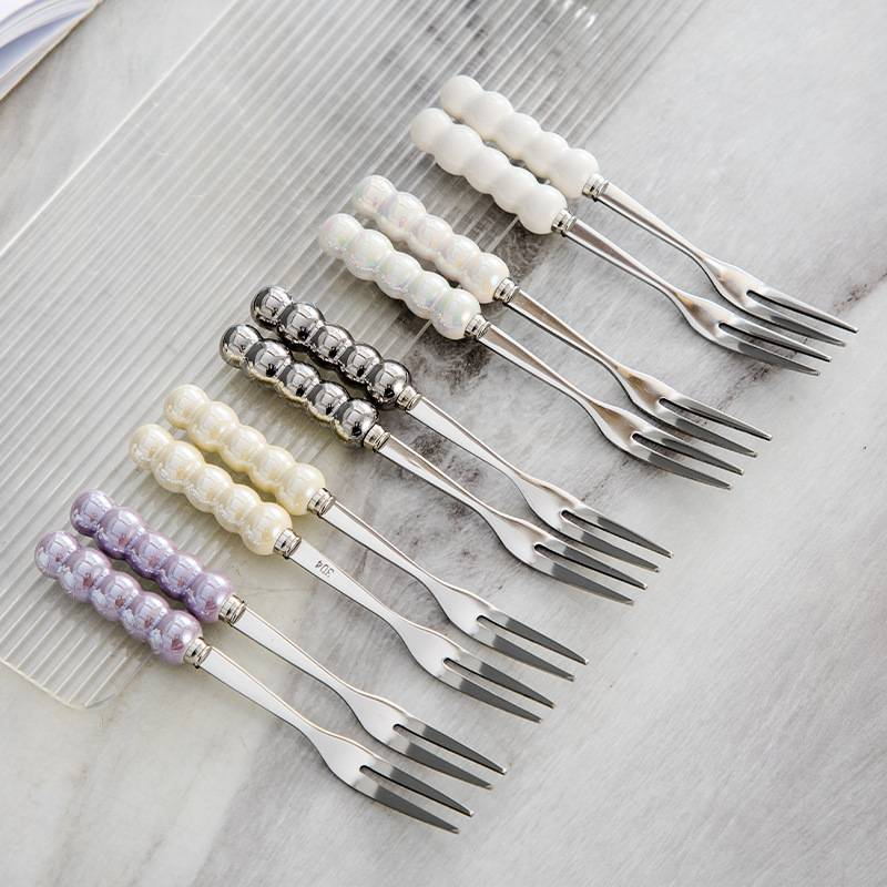 Light Luxury Ins Pearl Fruit Fork Set Creative Colorful Ceramic Storage Jar Household SUS 304 Fork Fruit Fork Jar 6 Forks A Ceramic Jar_voghion.com