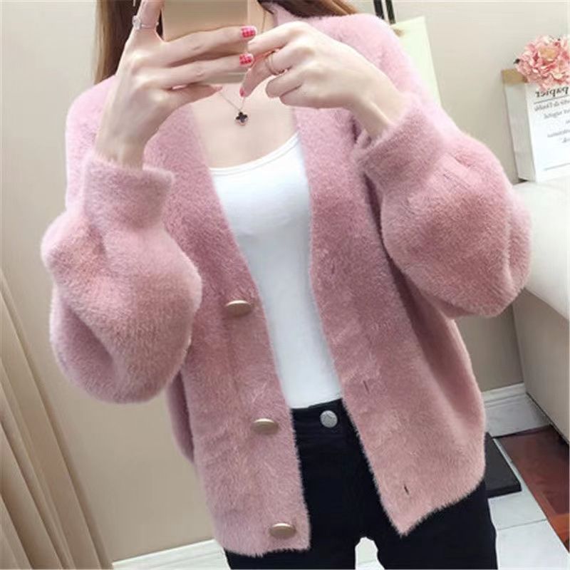 Cardigan lavorato a maglia in visone sintetico da donna - Top casual ampio a maniche corte (rosa, bianco, verde, nero)_voghion.com