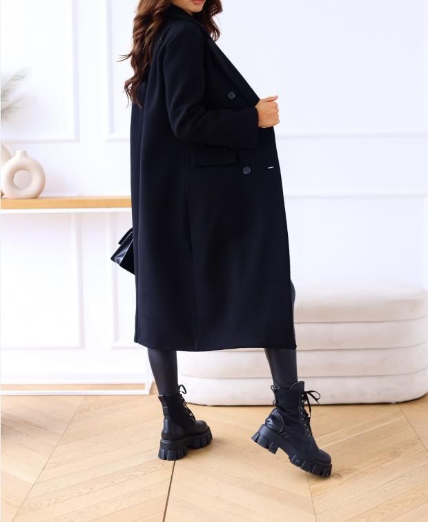 Cappotto lungo doppiopetto in lana - Classico trench britannico da donna con revers a lancia (S-3XL, cachi/marrone/nero/blu navy/blu reale)_voghion.com