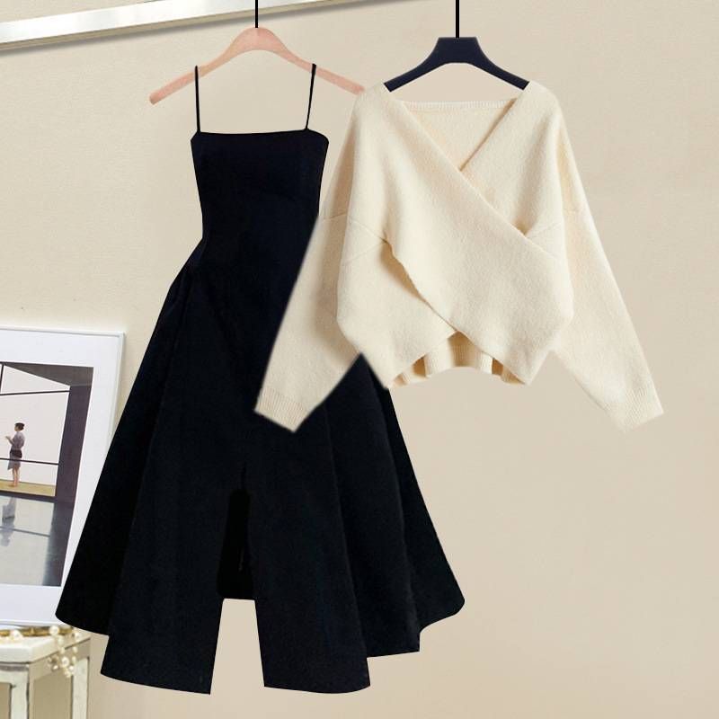 Ensemble élégant 2 pièces : pull en maille croisée et robe ajustée | Tenue d'automne pour femme | Polyvalent et stylé | Disponible en plusieurs couleurs et tailles_voghion.com