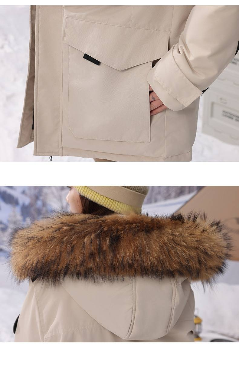 Langer Daunenmantel mit übergroßer Pelzkapuze – Knielange Winterjacke, 600FP weiße Gänsedaunen (Schwarz/Beige, Slim Fit, S-4XL)_voghion.com