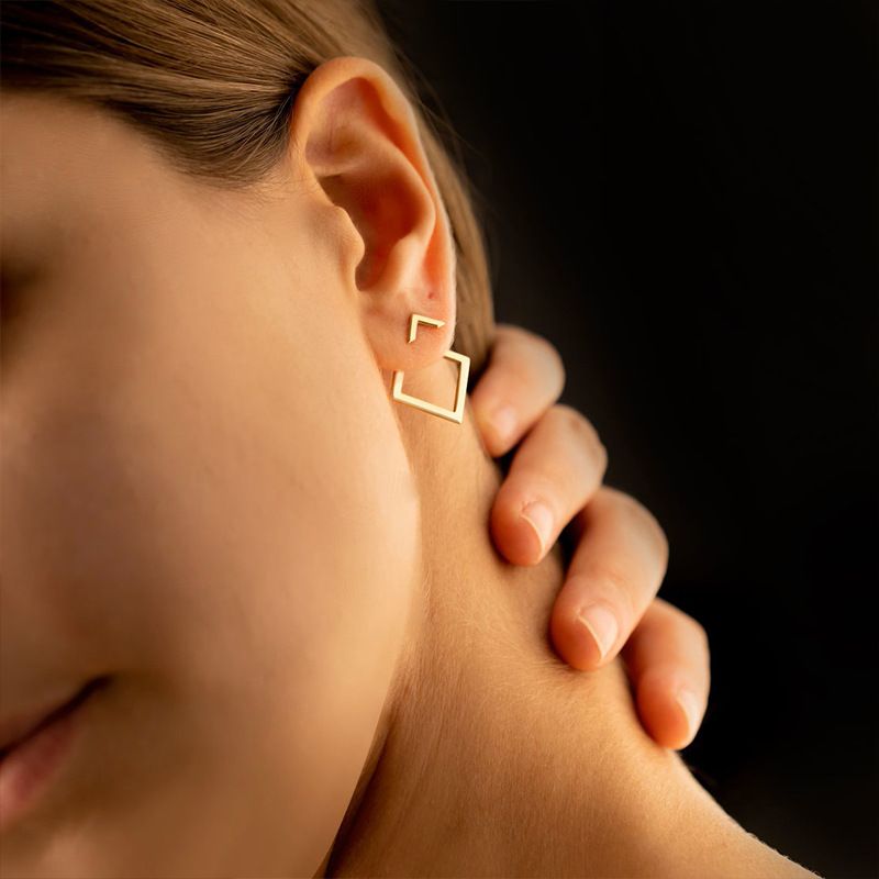 Orecchini doppi geometrici quadrati in titanio con clip in acciaio inossidabile placcato sottovuoto, stile minimalista_voghion.com