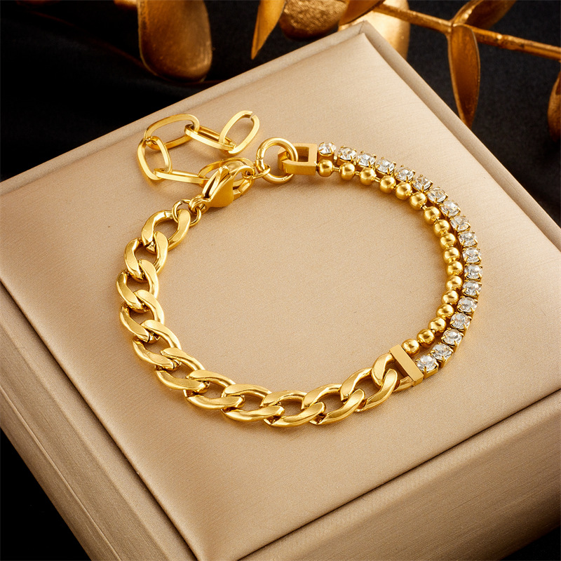 Asymmetrisches, mit Diamanten besetztes, doppellagiges, dickes Kettenarmband aus Titanstahl und Metall, Punk-Hip-Hop, schlichtes All-Match-Schmuckarmband_voghion.com