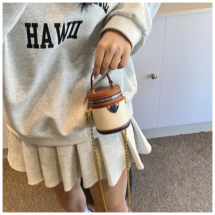 Borsa a secchiello da donna, mini borsa a secchiello rotonda con contrasto di colore, stile per famiglie, da portare a mano, piccola borsa a tracolla color rossetto, da donna_voghion.com