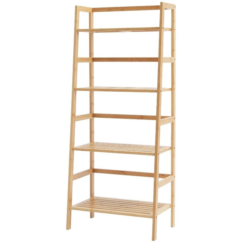 Libreria trapezoidale portaoggetti, scaffale a 4 ripiani, scala in bambù_voghion.com