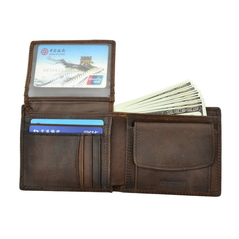 GENODERN Cow Leather Men Wallets with Coin Pocket Vintage Male Purse RFID Blocking Genuine Leather Men Wallet with Card_voghion.com