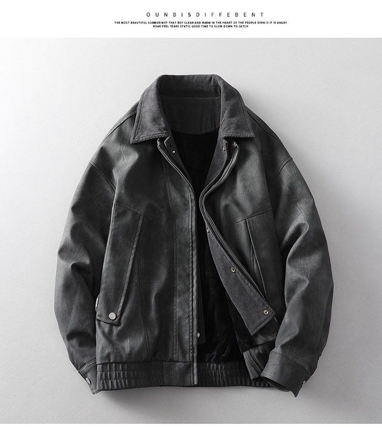 Men's Vintage PU Leather Bomber Jacket – American Retro Faux Two-Piece Fleece-Lined Coat With Zip Front & Side Pockets_voghion.com