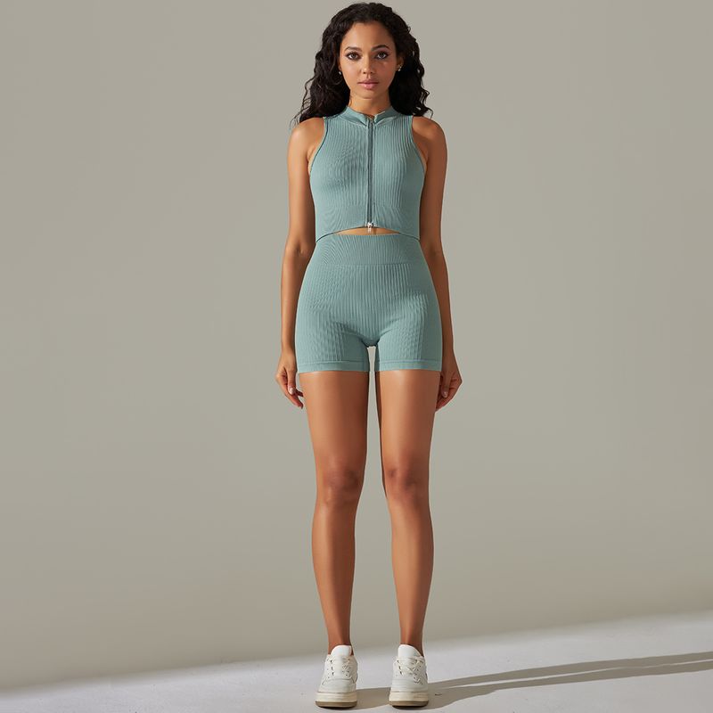 Ensemble de costume de Fitness en cours d'exécution de Yoga de sport de fermeture à glissière de fil tricoté sans couture six pièces_voghion.com