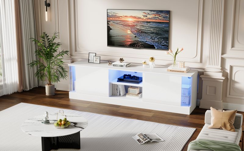 Meuble TV blanc brillant pour téléviseurs jusqu'à 70 pouces, console multimédia sur pied avec éclairage LED, centre de divertissement pour salon_voghion.com