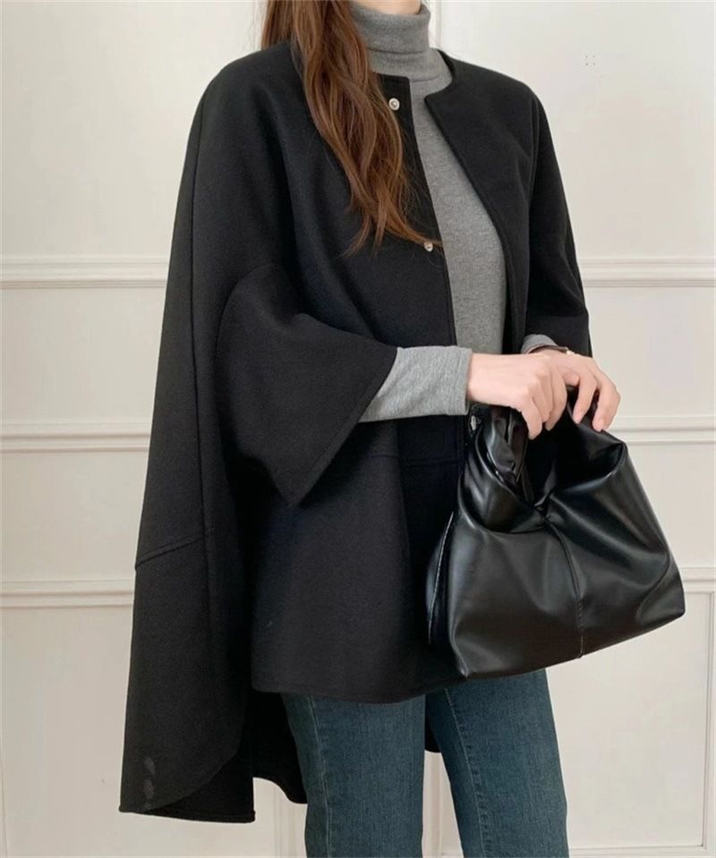 Elegant Batwing Sleeve Wool Cape Coat - Oversized Poncho Style For Women, Autumn Winter Fashion, Casual Loose Fit, Pure Color & Checkered Patterns_voghion.com