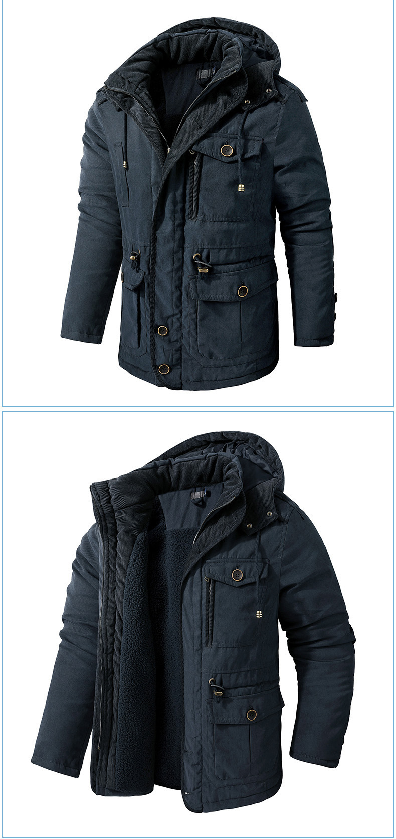 Mænd Thicken Parkas Varm vinterjakke Cashmere Fleece Frakker Militær udendørs bomuldspolstret Vindjakke til mænd med hætte_voghion.com