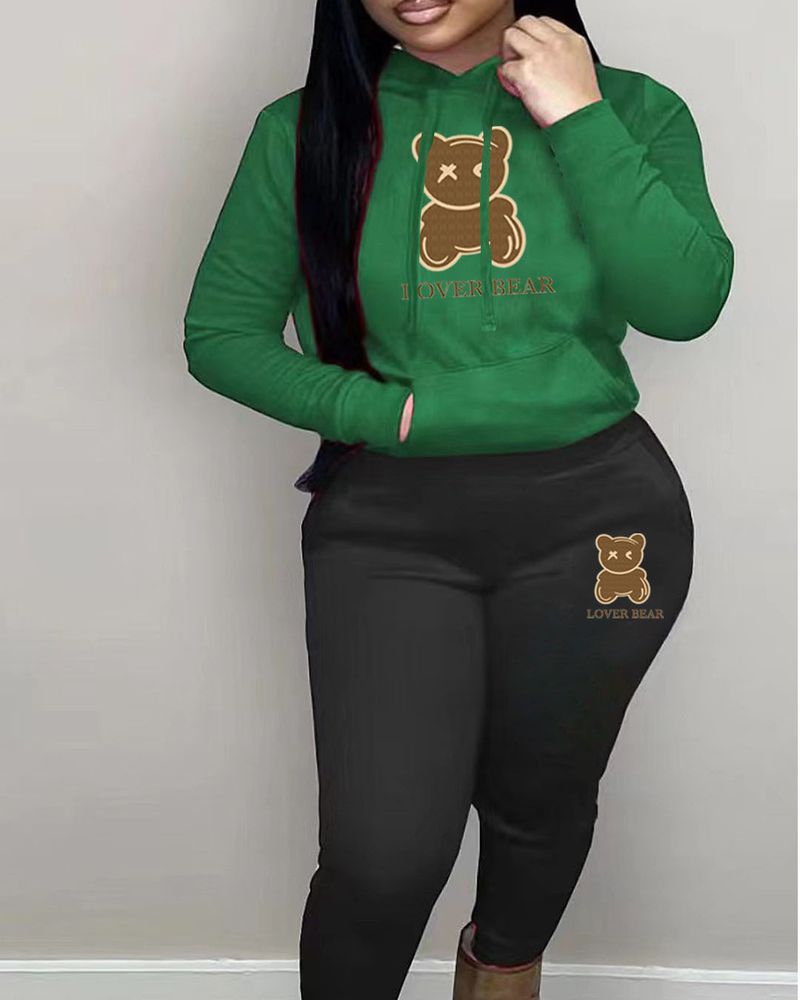 Women's Clothing suit hooded sweatshirt and sweatpants color matching bear print suit_voghion.com